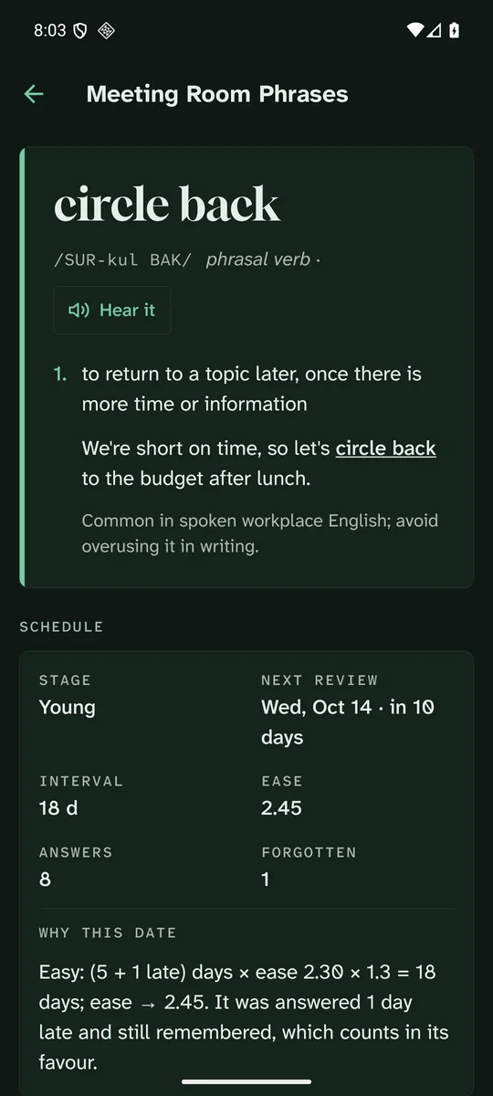 Phrase page in the dark theme on Android