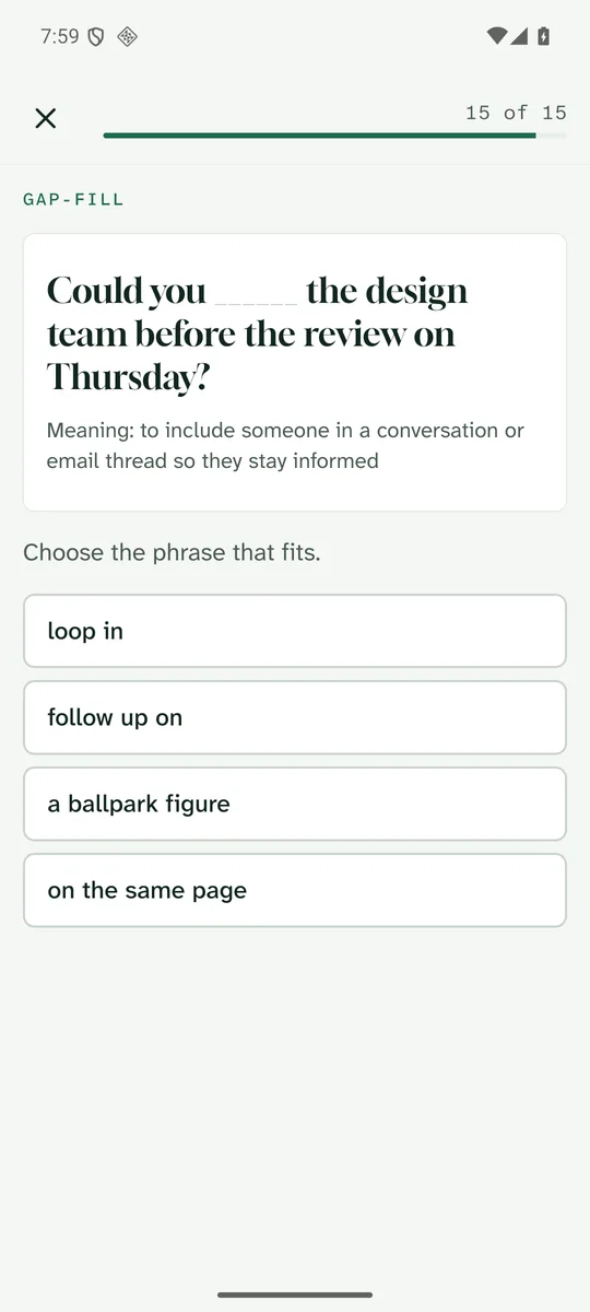Gap-fill prompt with four phrase options