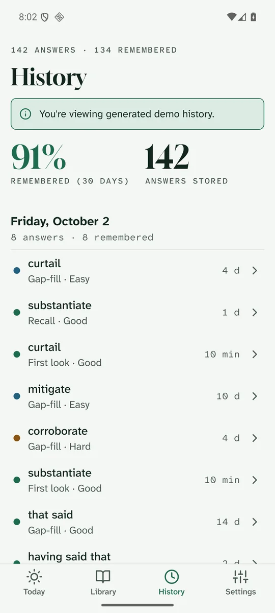 History screen on Android