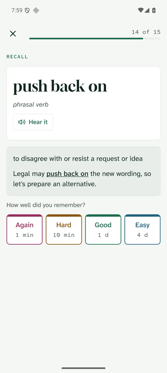 Vocabryn study card on Android with Again, Hard, Good and Easy buttons showing their intervals