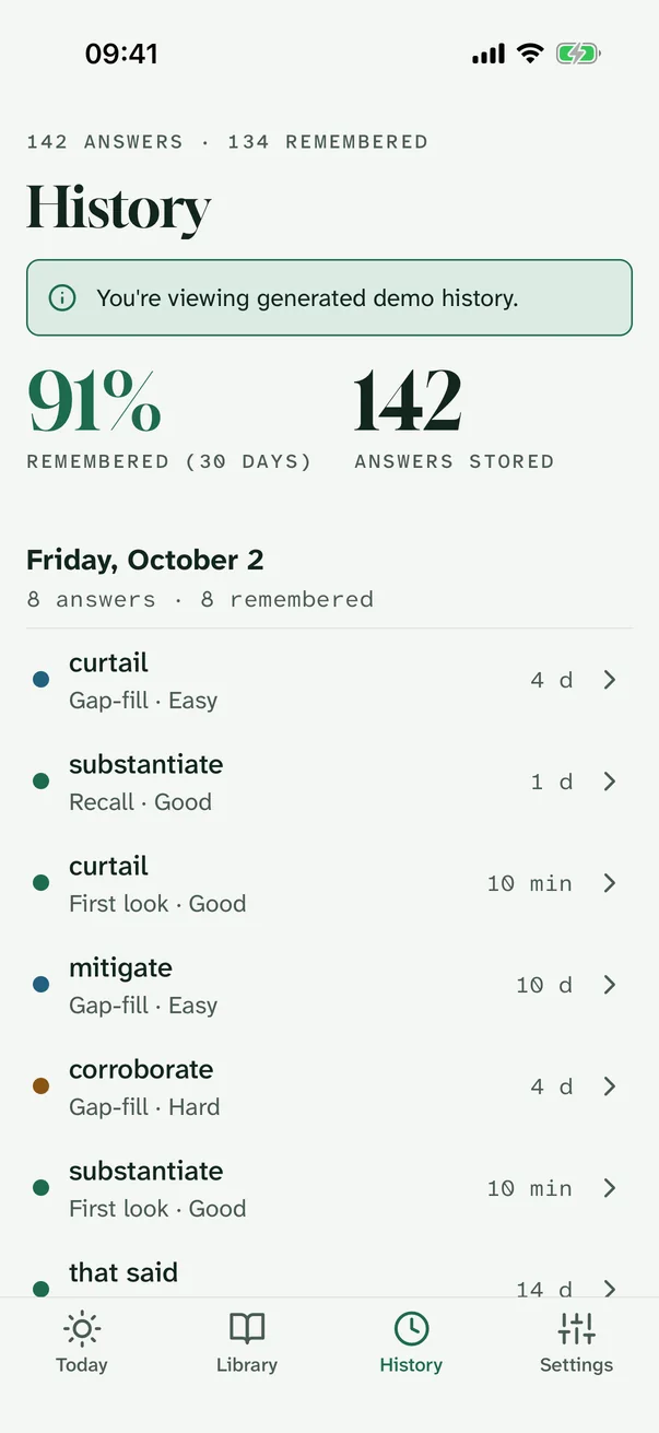 History screen with remembered rate and answers grouped by day