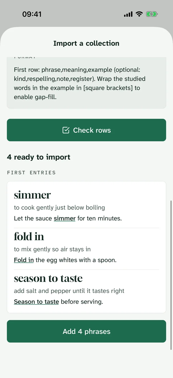 Import screen showing four rows ready to import