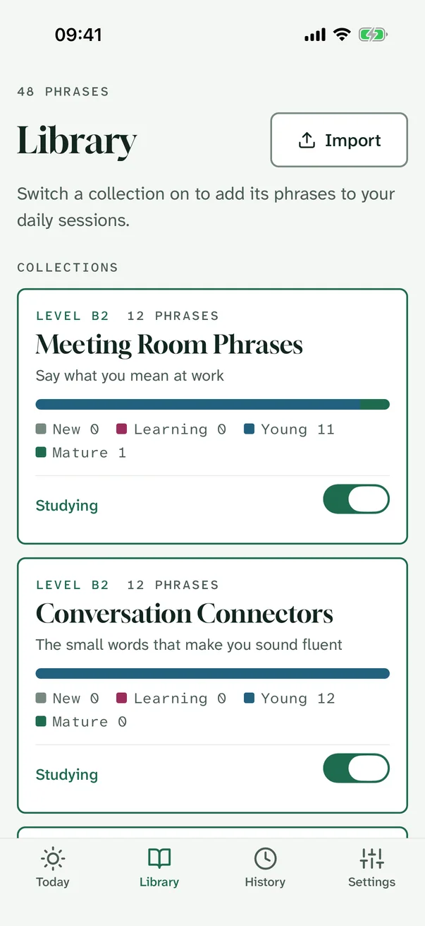 Library with collection cards, progress bars and study switches