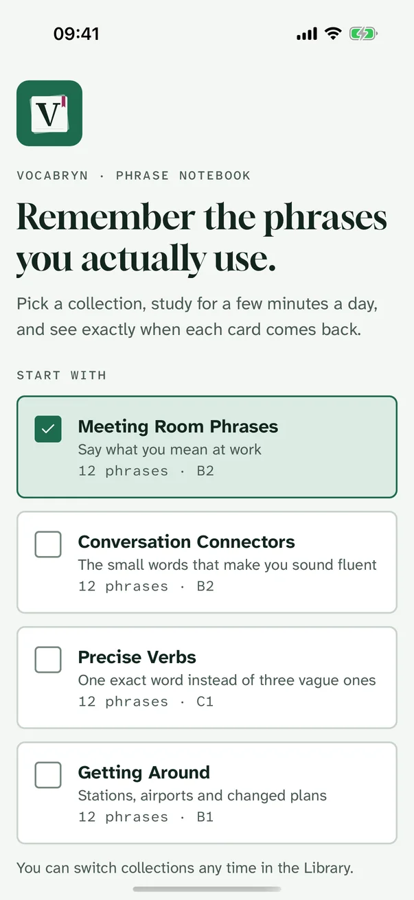 Welcome screen with collection choices