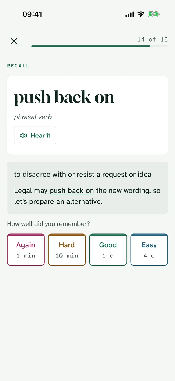 Recall card with meaning revealed and grade buttons