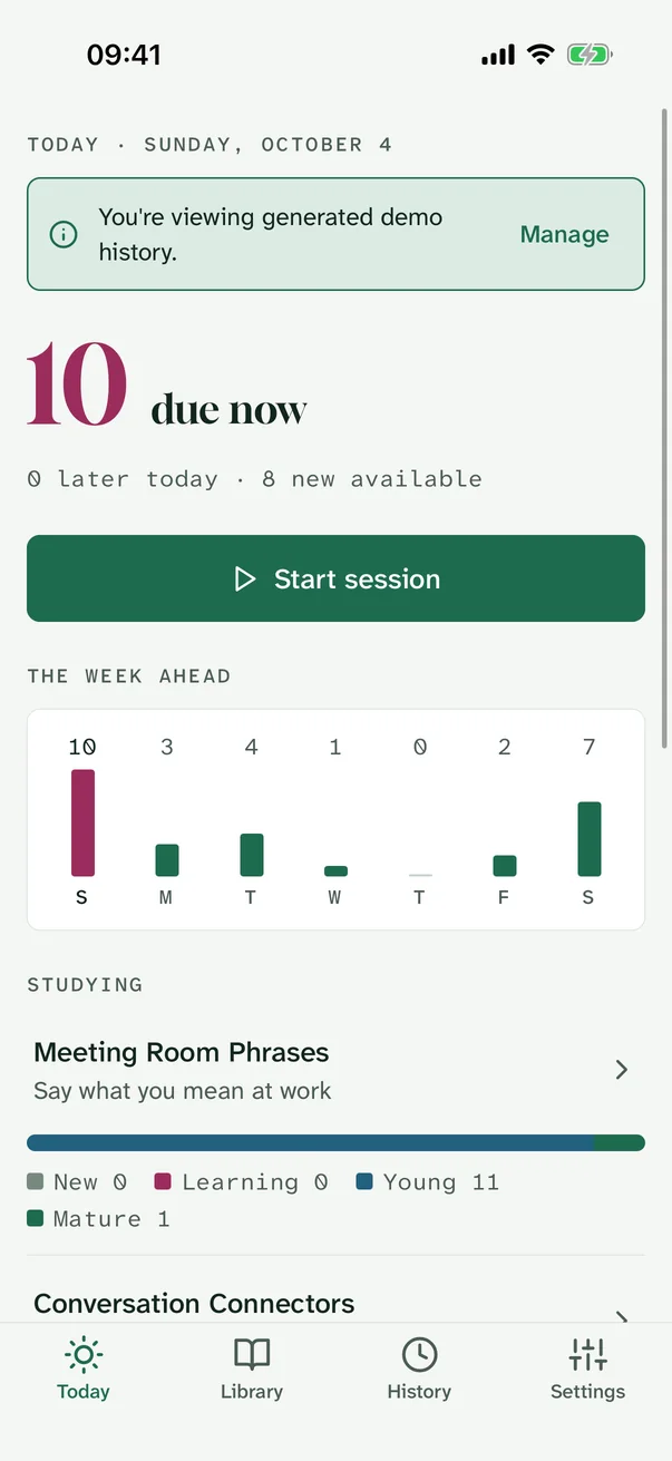 Vocabryn Today screen on iOS: due cards, the week-ahead forecast and studied collections
