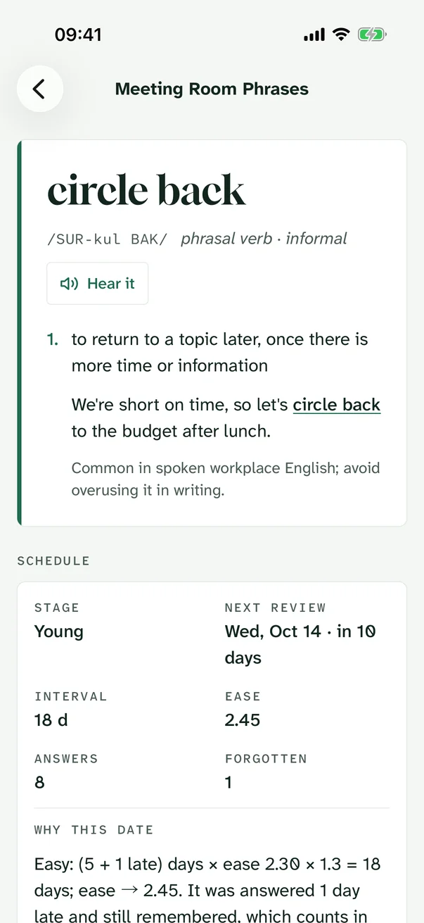 Phrase page with schedule facts and the reason for its next date